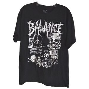 DOMA Balance Graphic Tee Shirt Size L Black Short Sleeve Skull Butterflies